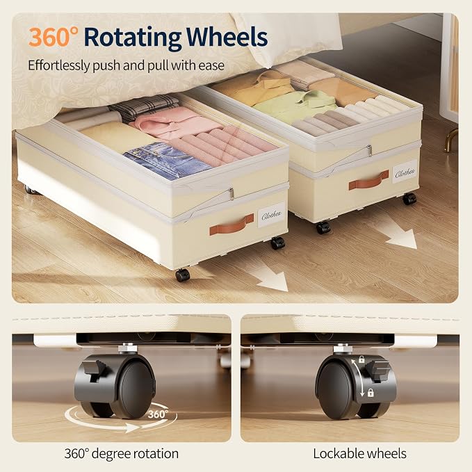 Yecaye 90L Under Bed Storage with Wheels, Height Adjustable, 2 Pack, Beige - Image 4