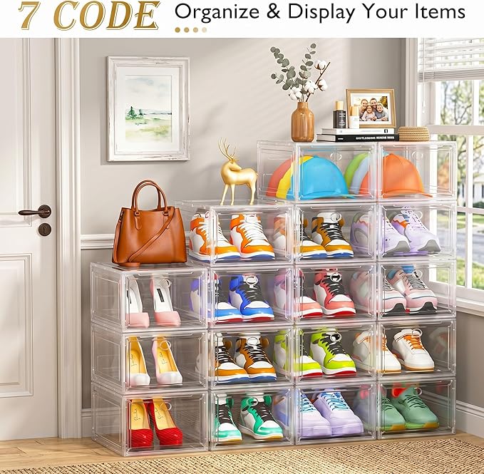 Sturdy Clear Shoe Organizer with Magnetic Door, Stackable Shoe Storage Box | Thick Plastic Shoe Storage for Sneakers & Boots, Collapsible Closet Shoe Rack and Clear Shoe Box, 6 Pack White - Image 4