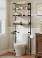 Quikraen 4 Tier Over The Toilet Storage Shelf with 3 Adjustable Shelves, Space Saver Bathroom Organizer with 4 Hooks, Freestanding Above Toilet Rack for Restroom Laundry (Brown) by Quikraen