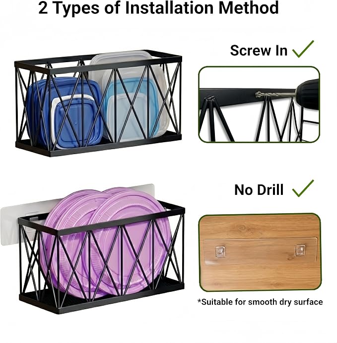 4 Pack Cabinet Door Organizer, Adhesive Inside Cabinet Door Storage for Kitchen Bathroom, Lid Organizer Compatible with Tupperware Pyrex, Wall Mounted Basket for Pantry Under Sink, Black - Image 4