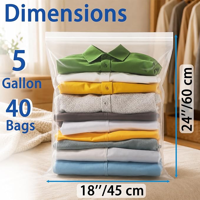 Extra Large 5 Gallon Zippered Plastic Bags for Storage- 18'' x 24'', Ideal for Clothes Clothing, Travel, Moving, 2-mil Thick Clear Plastic, 40 pack - Image 2