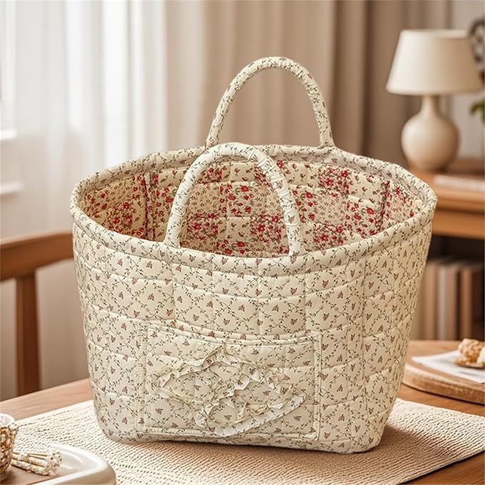 Quilted Fabric Storage Basket with Handles & Pocket, Foldable Laundry Hamper Boho Floral Print Organizer Bin for Home, Picnic, Office 12"x10"x10" (A-2) - Image 4