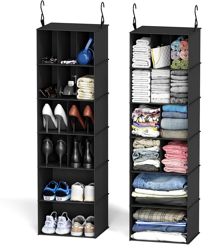 SpaceAid 2 Pack Hanging Closet Organizer and Storage with Dividers, 24 Compartments Hanging Shoe Shelves for Closet, Wardrobe, RV, Garment Rack - Black by SpaceAid