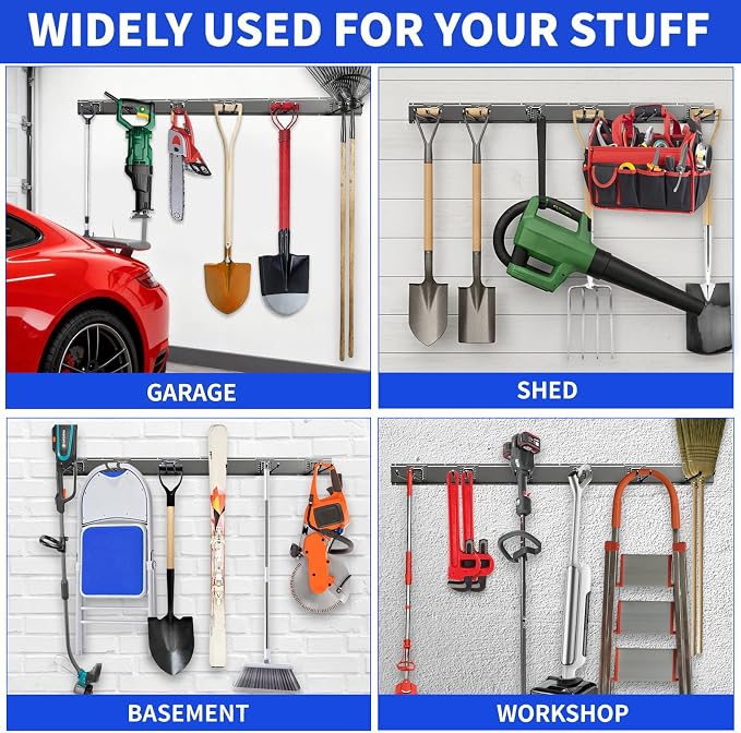 Garage Tool Organizer Wall Mount, 48 Inch Heavy Duty Garden Tool Organizer Storage System, Easy Install with 7 Adjustable Hooks, for Garage, Basement, Shed, Workshop, Black, Steel - Image 2