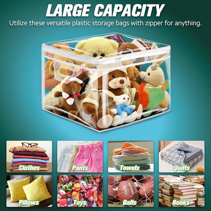 HIBAG 10 Gallon Large Storage Bag for Clothes, Zipper Clothing Storage Bag, Clear Organizer with Reinforced Handles, for Closet and Underbed Storage (4 Pack) - Image 5