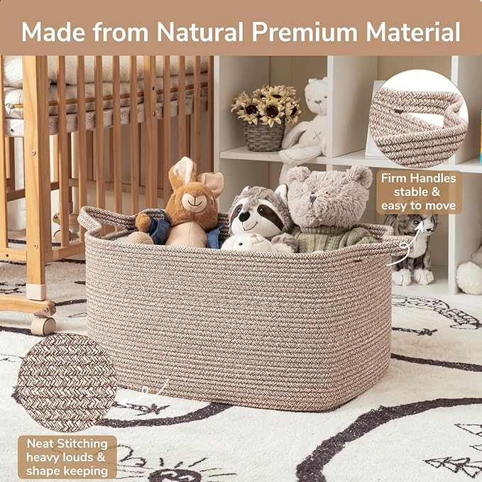 Goodpick Large Woven Rope Blanket Basket, Rectangle, Brown, 75L - Image 6