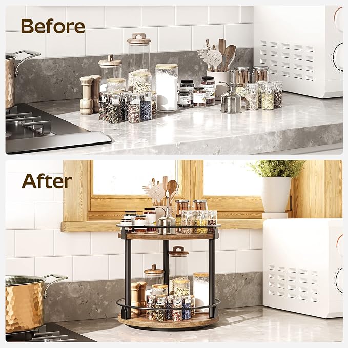 YATINEY Lazy Susan Organizer, Rotating Spice Rack, 2 Tier Spice Turntable Organizer, Industrial Turntable Spice Holder, for Kitchen Countertop and Cabinet, Compact and Versatile, Rustic Brown SR22BR - Image 5