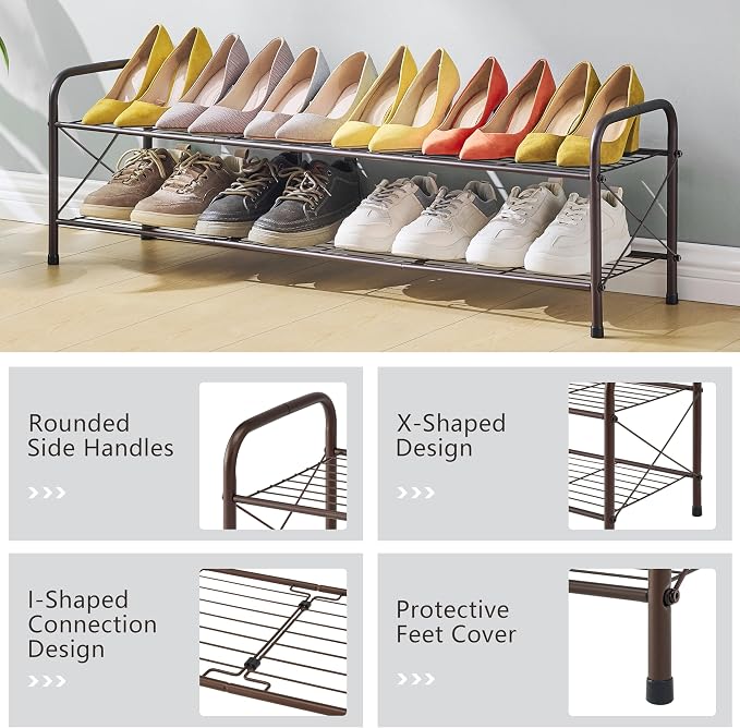 Hoctieon 2 Tier Shoe Rack for Closet, Shoe Rack FreeStanding, Entryway Shoe Shelf, Shoe Storage Organizer, Durable Mesh Style Shoe Rack, Space Save for Garage, Bedroom, Living Room, Wardrobe, Brown - Image 6