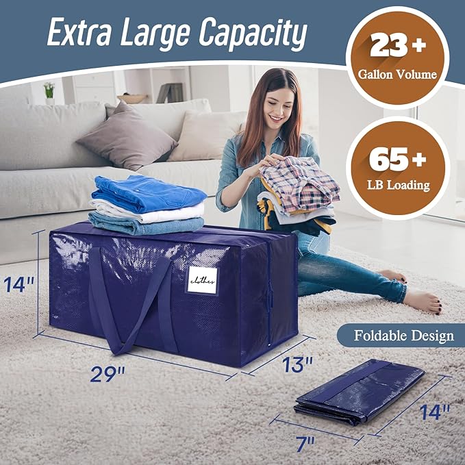 6 Pack Extra Heavy Duty Large Moving Bags with Strong Zipper, Dark Blue | Comfortable Handles, Sturdy & Durable Clothes Storage Bags Totes Bins, Blue Packing Moving Boxes for College Supplies - Image 3