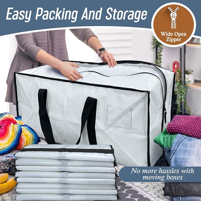 6 Pack Extra Heavy Duty Large Moving Bags with Strong Zipper, White | Comfortable Handles, Sturdy & Durable Clothes Storage Bags Totes Bins, Blue Packing Moving Boxes for College Supplies - Image 5