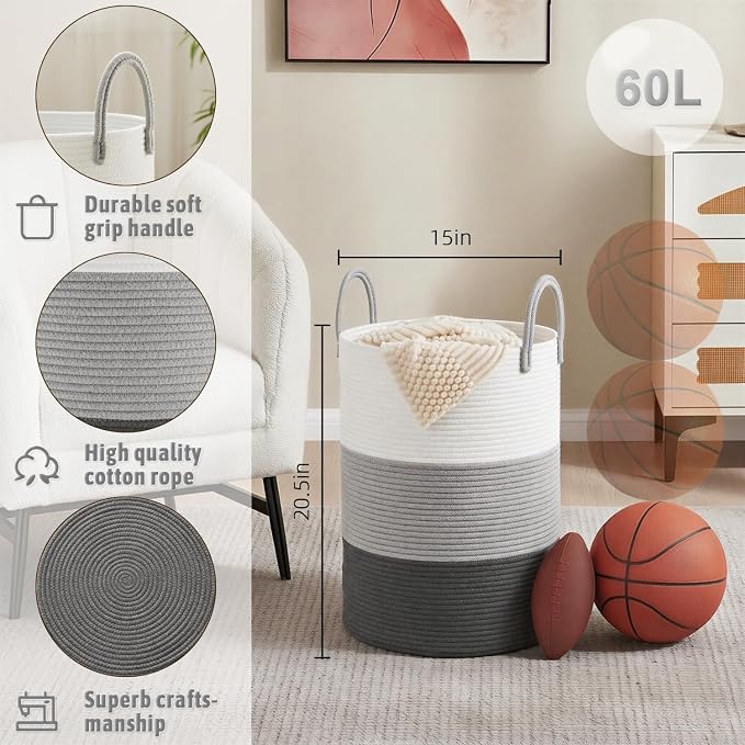 Artfeel Laundry Basket,Woven Cotton Rope Laundry Hamper,60L for Decorative Storage of Dirty Clothes,Toys and Blankets in Bathroom,Bedroom and Living Room - Image 6