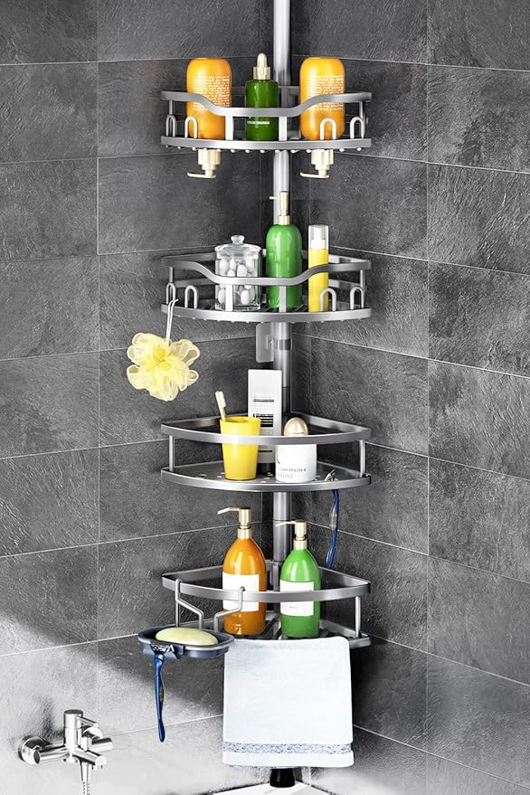 HAMITOR Corner Shower Caddy Tension Pole: Rustproof Stable 4-Tier Bathroom Organizer Shelves for Bathtub Shampoo Storage - 47-121 Inch Quick Install Adjustable Shelf with Soap Rack - Silver Gray by HAMITOR