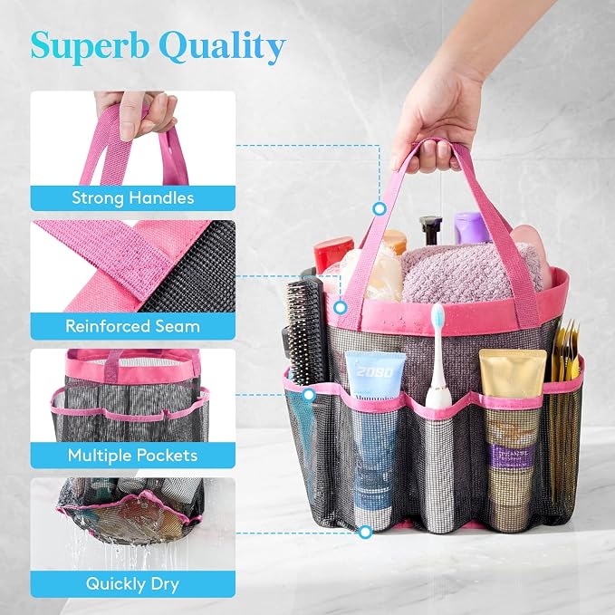 Lifewit Mesh Shower Caddy Portable for College Dorm Room Essentials with 7 Pockets, Freestanding Hanging Organizer Basket, Quick Dry Tote Bag for Camping, Bathroom, Beach, Travel, 1 Pack, Pink - Image 5