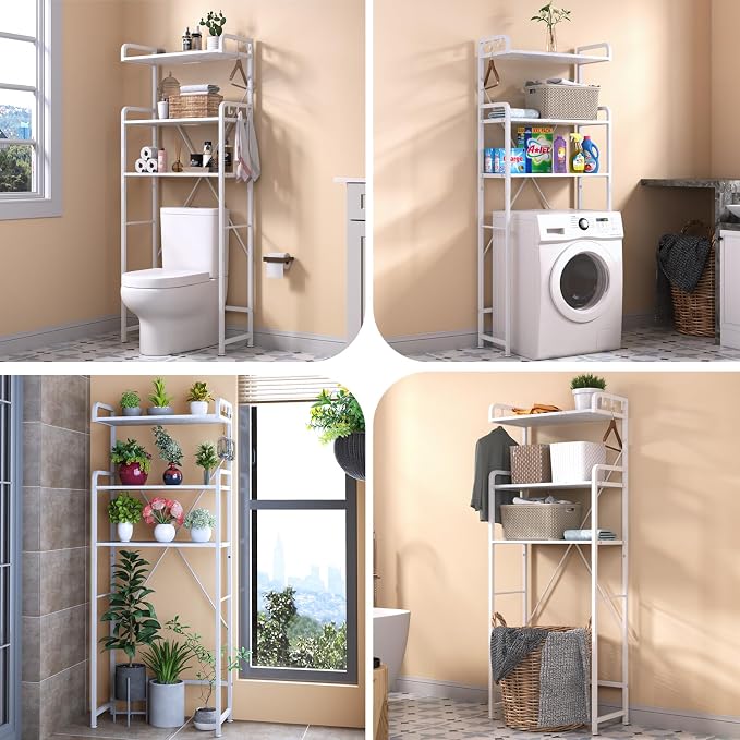 Huhote Over The Toilet Storage Rack with 3-Tier Bathroom Shelves, Space Saver Toilet Shelf, Bathroom Storage Organizer with Hooks for Over Toilet Storage and Bathroom Shelf (White Faux Marble) - Image 4