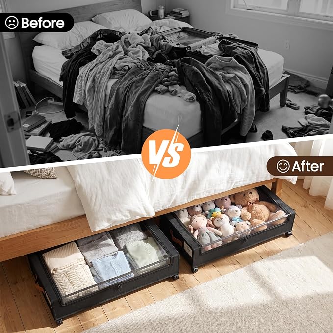 Yecaye 60 L Under Bed Storage with Wheels, 2 Pack Under Bed Storage Containers with Clear Window & Label, Rolling Under bed Shoe Storage organizer for Clothes, Shoes, Black - Image 7