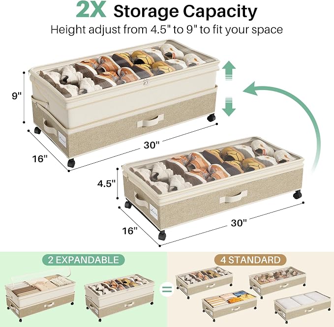 Kitstorack 2Pack Height-adjustable Under Bed Storage with Wheels, Under Bed Storage Containers,Under Bed Shoe Storage Organizer with Clear Window&Label, Suitable for Clothes Storage, Beige & Linen - Image 3