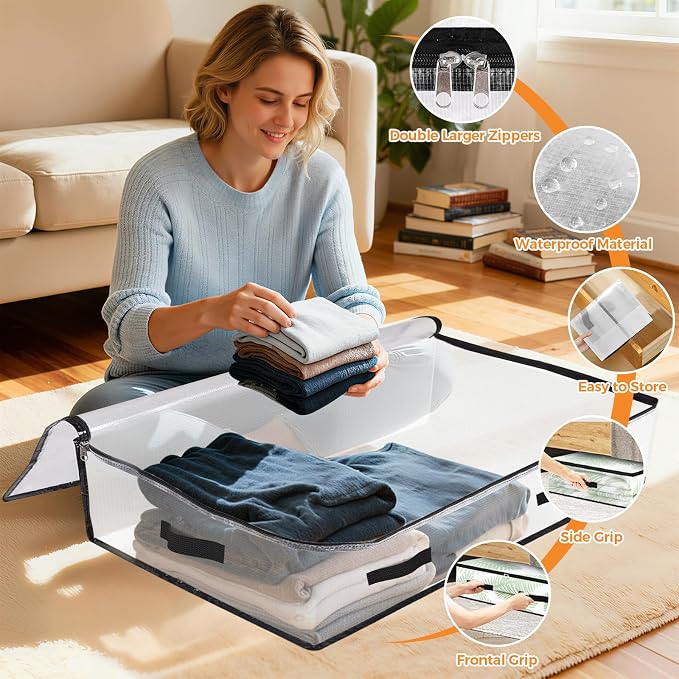 6 Pack Under Bed Storage Bags, 75L Foldable Clear Containers with Handles | Dual Zipper Storage Bins for Comforters, Bedding, Blankets, Closet Organizer for Clothes, Linen Sheets, Sweaters - Image 3