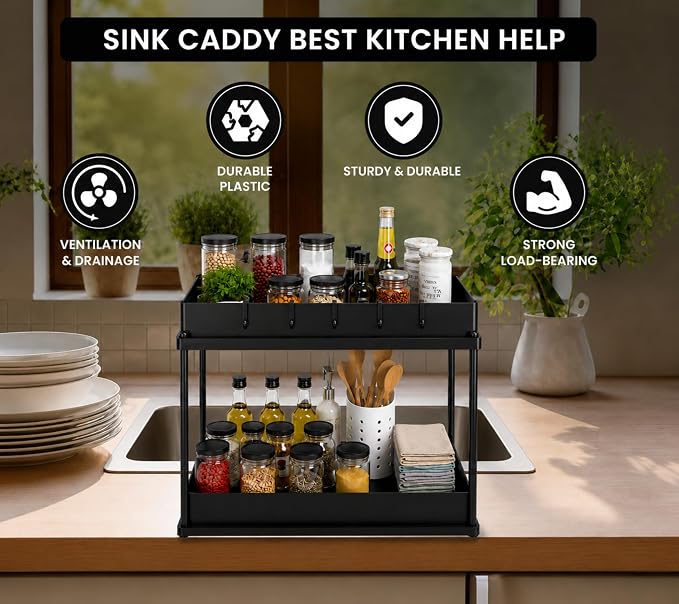 2 Pack Under Sink Organizer, Pull-Out Cabinet Storage Organizers for Bathroom & Kitchen, Multi-Purpose Under Counter Shelf Rack for Cleaning Supplies, Bottles & Toiletries, Cabinet Organizer-Black - Image 3