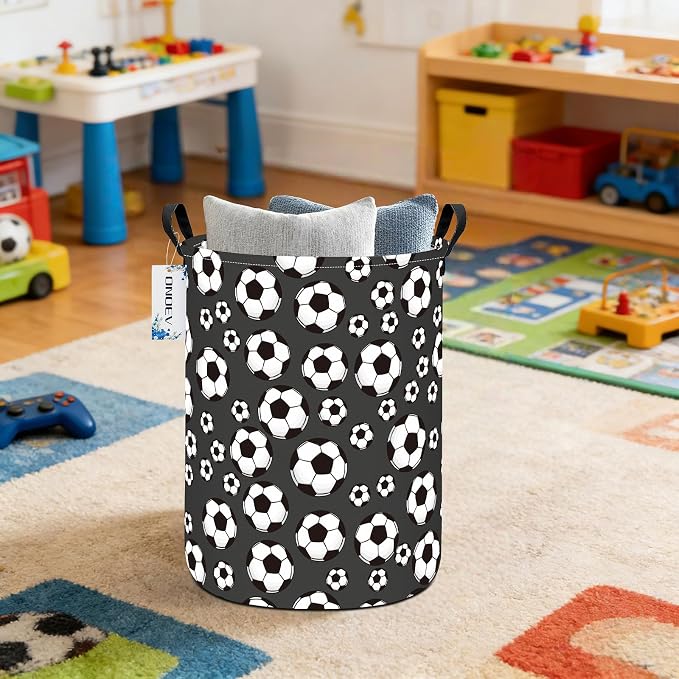 Round Soccer Ball Print Laundry Hamper, Cotton Canvas Storage Bin - Image 8