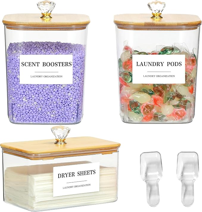 3 Pack Plastic Laundry Pods Container & Dryer Sheet Holder with Lids, Labels & Scoops - Laundry Powder Container for Laundry Room Organization and Storage by Dounozzi