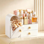 HBlife Makeup Organizer Countertop with Drawers, Vanity Organizers with Brush Holder, Bathroom Counter Organizer for Perfume, Nail Polishes, Lipsticks, Skincare and Eyeshadow Palettes, White and Gold - Image 2