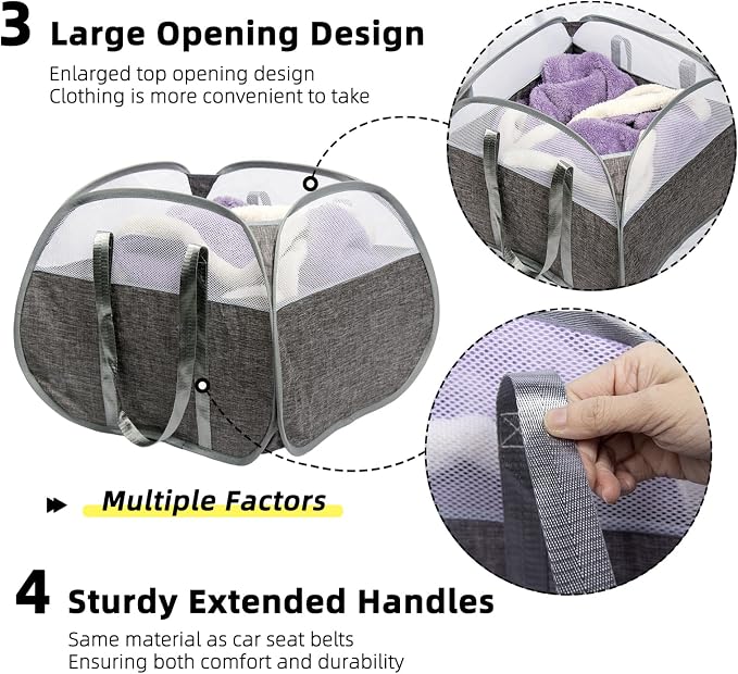 Collapsible Laundry Basket, 90L Tear Proof Mesh Pop-up Hamper 2PCS - Image 4