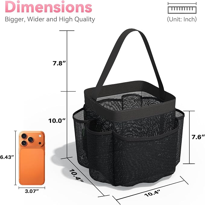 YASONIC Mesh Shower Caddy Portable for Dorm College Room Essentials, 8-Pocket Large Shower Bag with Single Handles, Hanging Shower Basket for Beach, Swimming, Bathroom, Beach, Black - Image 7