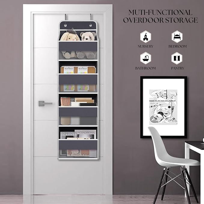 TYMENSH Gray Over Door Organizer with 4 Large Clear Pockets, Neutral Hanging Door Storage for Closet, Bathroom, Bedroom, Dorm, Nursery, Toys, Toiletries, Baby Essentials - Image 3