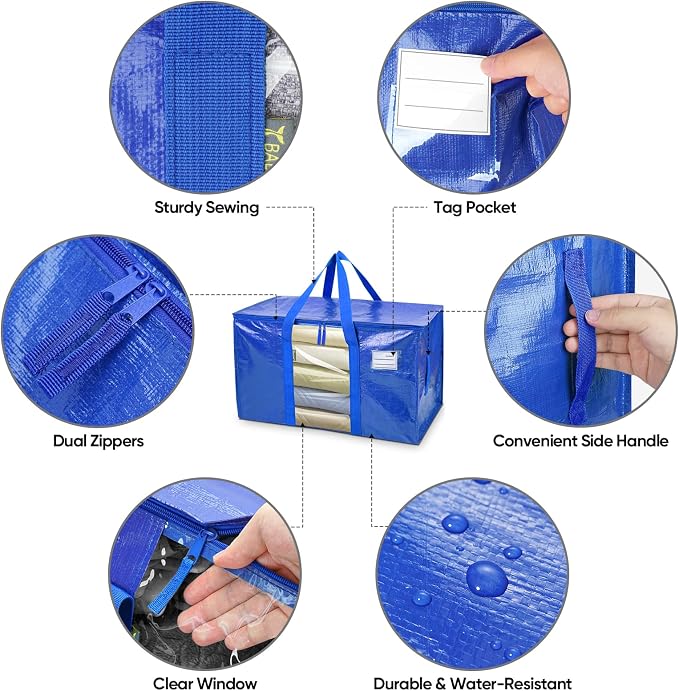 BALEINE 8-Pack Oversized Moving Bags with Reinforced Handles, Heavy-Duty Storage Tote Moving Supplies for Packaging, Camping (Blue w/Window, 8-Pack) - Image 3