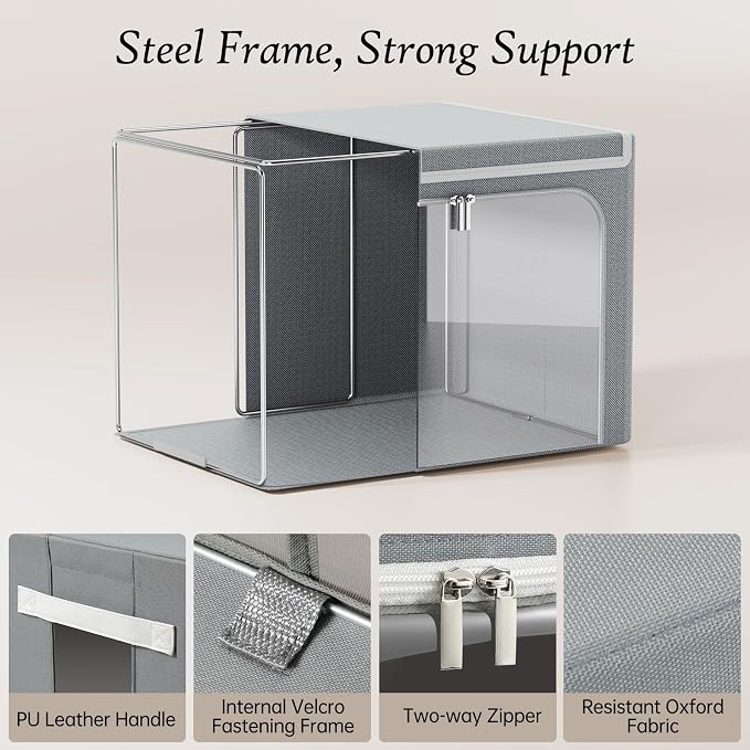 Yecaye Large Clothes Storage Bins with Metal Frame, Grey, 66L, 3 Pack | Foldable, With Lid, Stackable, Clear Window & Zippers & PU Leather Handles - Image 7