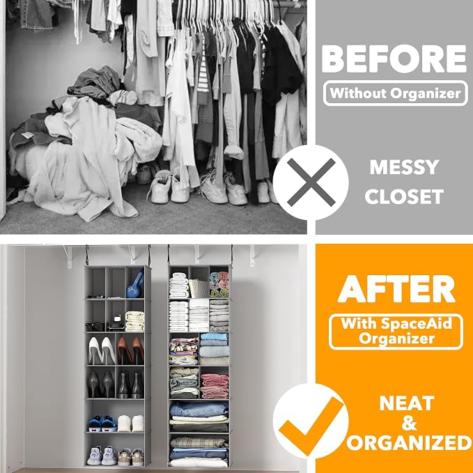 SpaceAid 2 Pack Hanging Closet Organizer and Storage with Dividers, 24 Compartments Hanging Shoe Shelves for Closet, Wardrobe, RV, Garment Rack - Grey - Image 3