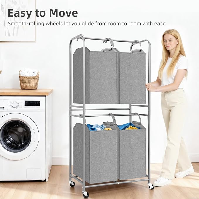 STORAGE MANIAC 4 Section Vertical Laundry Hamper, 2 Tier Laundry Sorter with 4 Removable Tote Bags, Rolling Clothes Basket for Towels, Blankets, Tall Dirty Clothes Hamper for Closet, 4 Bags Gray - Image 4