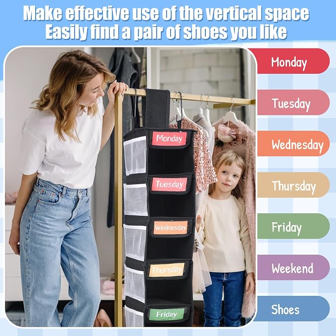 2 Pack 7 Shelf Weekly Clothes Organizer Hanging Closet for Kids with Side Pockets Weekday Shoes Rack Weekly Clothes Organizers Monday Through Weekend Foldable Storage Shelves(Black) - Image 7