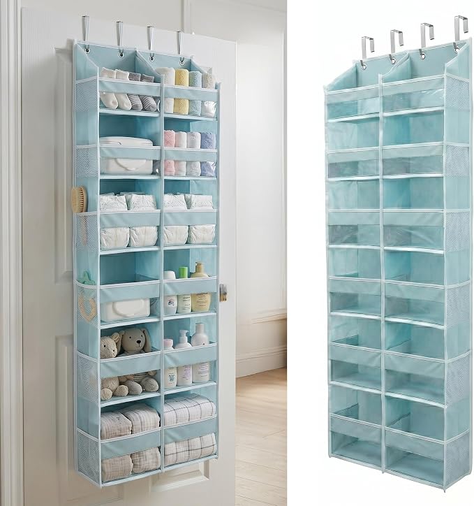 HOMELUX THEORY Over the Door Organizer, 6-Tier XL, 100D Fabric, Baby Blue | Extra wide over the door organizer, 65 lb capacity, 12 side mesh pockets, heavy-duty 100D fabric, bedroom & nursery storage by HomeluxTheory
