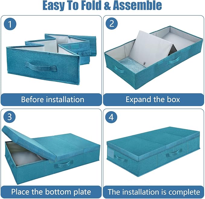 Supowin 2Pack Large Underbed Storage Containers Bin with Lids, Cyan Blue | 6 Inches Tall Under Bed Storage Organizer Box with Handles, Foldable Closet Organizer for Clothes, Blankets, Seasonal Items - Image 3