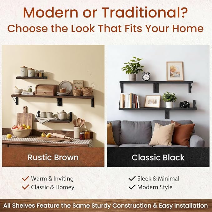 BAYKA Wall Shelves for Bathroom Decor, Wood, Rustic Brown, Set of 4, 16in - Image 7
