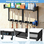 27" Mop and Broom Holder Wall Mount with Top Storage Shelf & Hooks,Black - Image 5