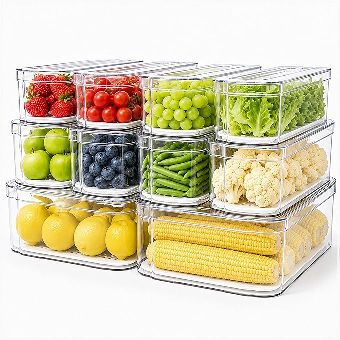 SMRCAD 10 Pack Clear Fridge Organizer Bins with Drain Trays - Stackable by SMRCAD
