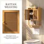 AmazerBath Bathroom Wall Cabinets, Bamboo Medicine Cabinet with Rattan Door, Over The Toilet Storage Cabinet with Towel Bar, Wall Mounted Cabinet with Adjustable Shelves for Small Spaces - Image 4