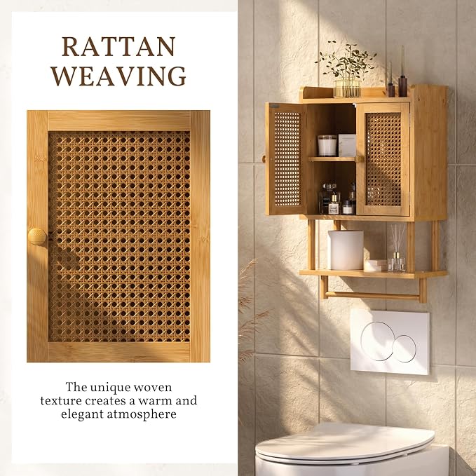 AmazerBath Bathroom Wall Cabinets, Bamboo Medicine Cabinet with Rattan Door, Over The Toilet Storage Cabinet with Towel Bar, Wall Mounted Cabinet with Adjustable Shelves for Small Spaces - Image 4