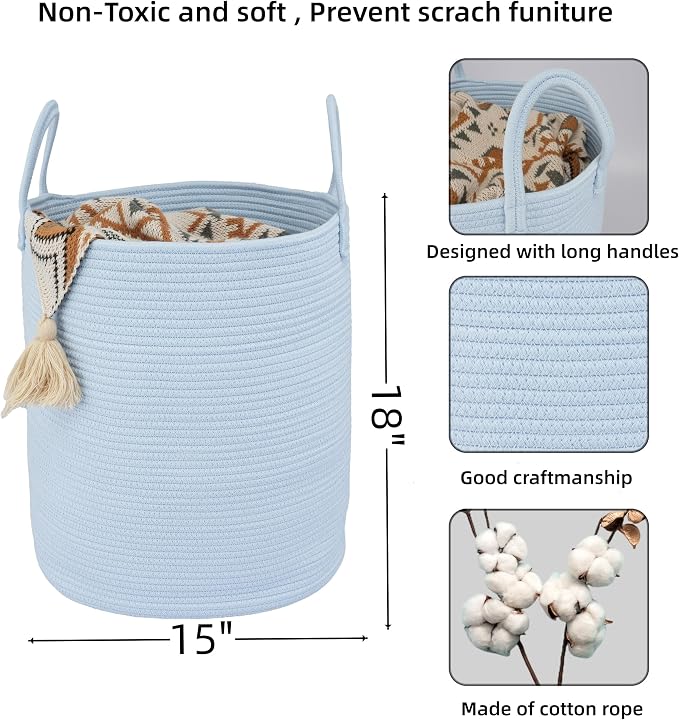 XUANGUO Cotton Rope Laundry Basket Hamper for Clothes, light blue - Image 2