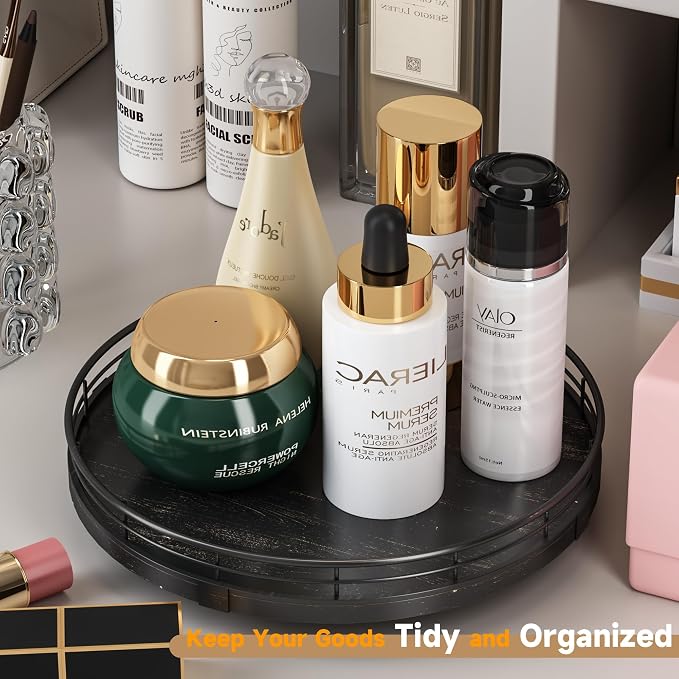 AMH 10-Inch Oak Lazy Susan Vanity Tray with Black Brushed Gold Rail - Image 2