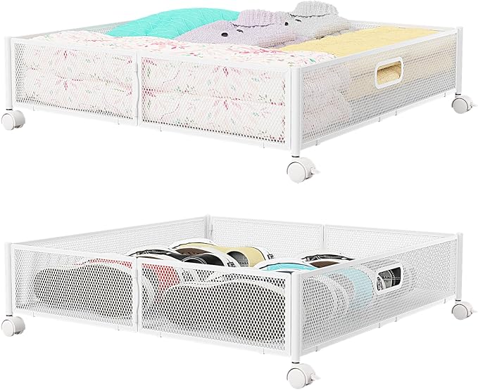 PHINOX Under Bed Storage with Wheels & Handle,Metal,Large,2 Pack,White | Tool-free assembly, glide smoothly, easy reach, foldable, maxmazie low-profile beds, dorm, keep seasonal clothes, shoes fresh by PHINOX