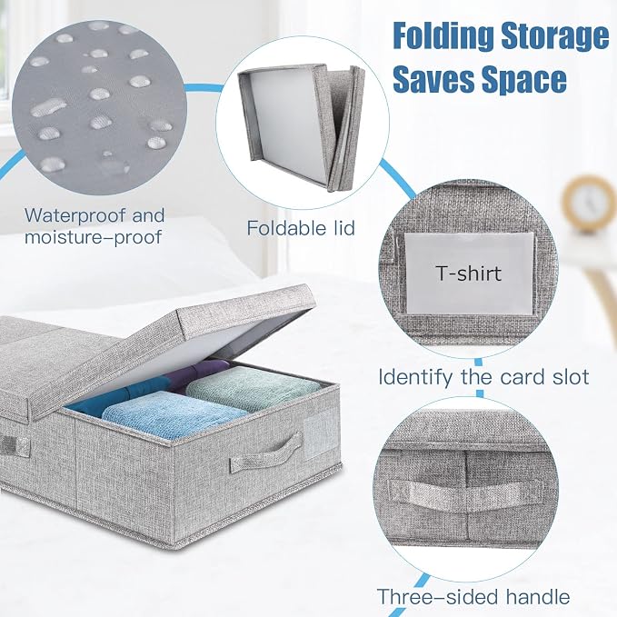 Supowin 2Pack Large Underbed Storage Containers Bin with Lids, Gray | 6 Inches Tall Under Bed Storage Organizer Box with Handles, Foldable Closet Organizer for Clothes, Blankets, Seasonal Items - Image 4