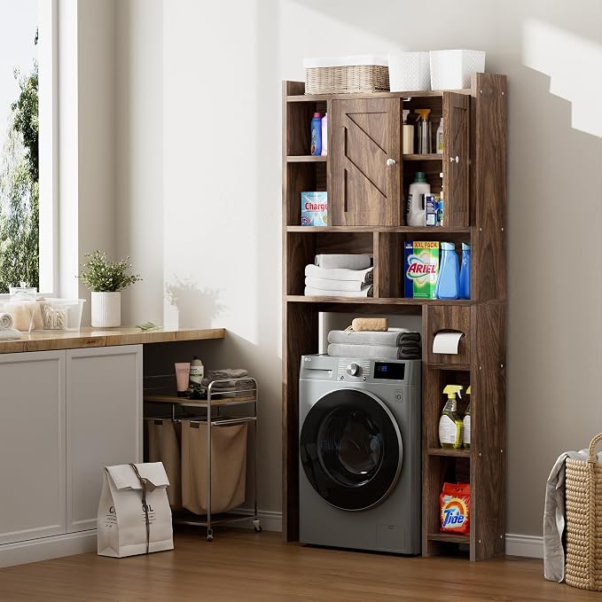Over the Toilet Storage Cabinet, Freestanding Storage Cabinet Over Toilet, Bathroom Storages Organizer Cabinets with Toilet Paper Holder Stand and Adjustable Shelf, Walnut - Image 4