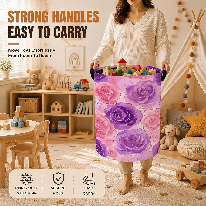 Decorative Foldable Laundry Basket with Handles, Pink Purple Rose Flower Oxford Clothes Hamper, 16 x 20.8 Inch Storage Basket for Bedroom Bathroom Laundry Room,20.8x16 Inch - Image 4