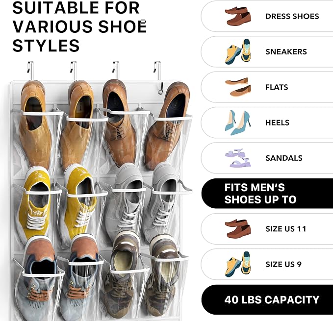 Simple Houseware 24 Pockets Large Clear Over the Door Shoe Organizer, White | 56" x 22.5", 4 Durable Metal Hooks, 5" x 9" Pocket Size, Multipurpose - Image 3