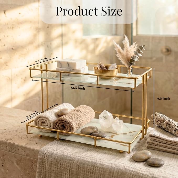 2-Tier White Marble Bathroom Countertop Organizer – Glass Shelves & Gold Metal Frame, Elegant Vanity Storage Shelf for Perfume, Skincare, Makeup & Toiletries - Image 2