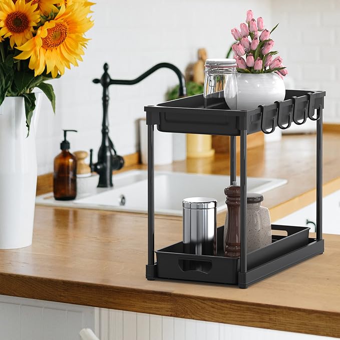 Simple Houseware 2-Tier Standard Under Sink Storage Organizer, Black - Image 3