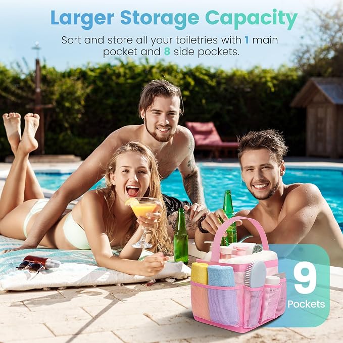 Camping Essentials Shower Caddy Portable for College Dorm Room Essentials for Girls with 8 Pockets,Large-Capacity Shower Caddy Dorm Basket,Quick Dry Bath Bag for Bathroom,Gym,Travel,Swim,Beach-Pink - Image 2